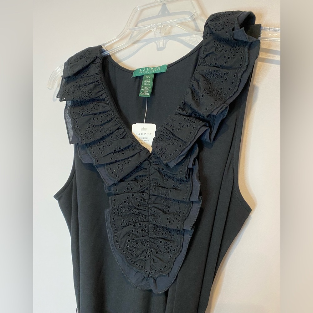Ralph Lauren Black Lace Ruffle Sleeveless Dress Petite Large - Picture 4 of 5